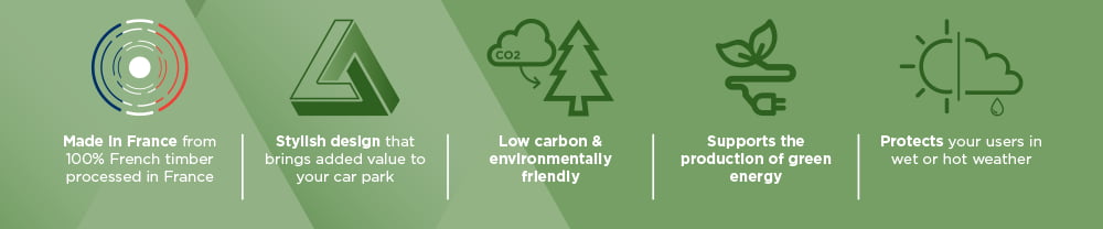 The wooden PIVOLTA solar carports is a low-carbon solution that respects the environment.